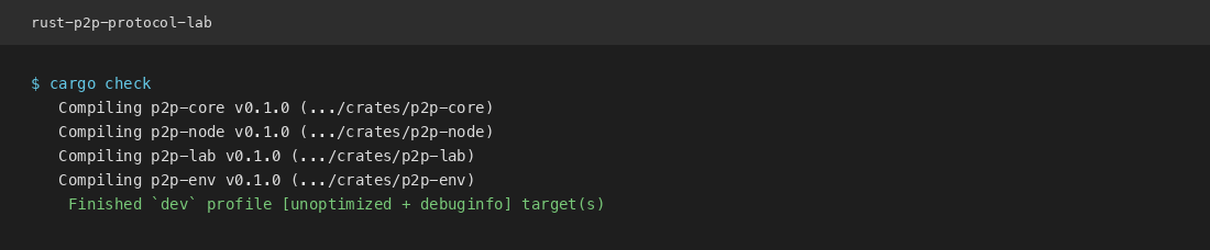 cargo check success in the rust-p2p-protocol-lab workspace